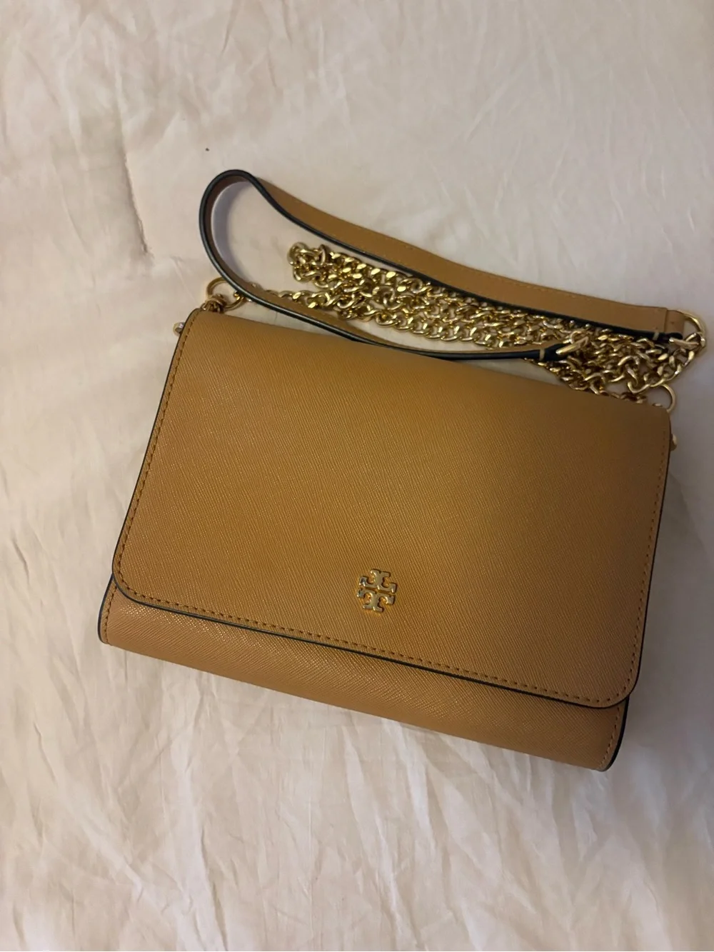 Tory Burch Camel Tan Leather Crossbody Bag with Gold Chain